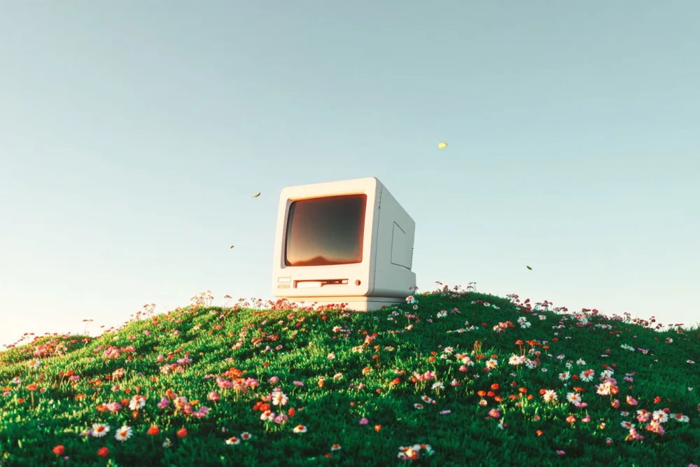 A vintage computer on a flowering green hillside